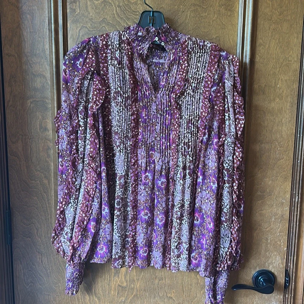 Ulla Johnson Burgundy Floral Ruffled High-Neck Blouse